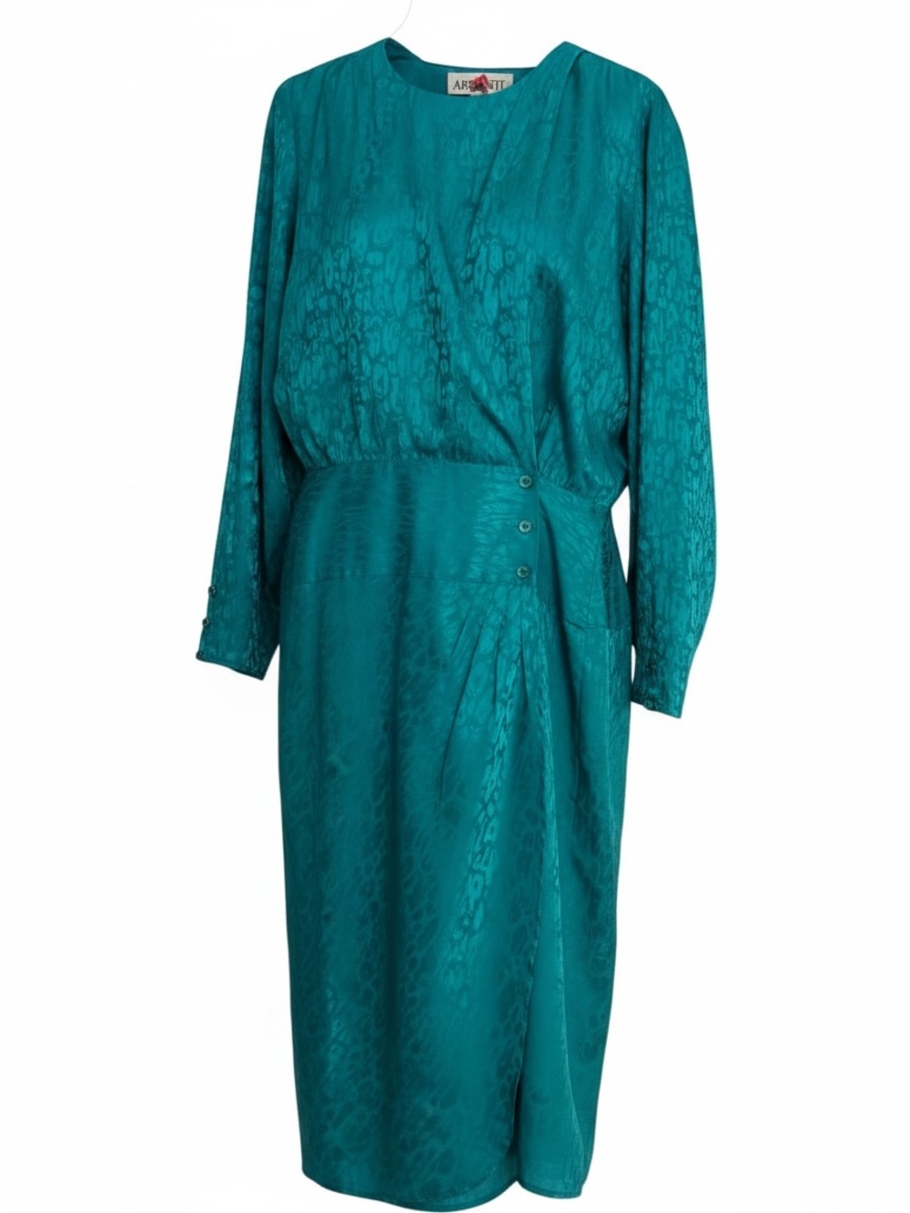 Teal Satin Wrap-Style 80’s Midi Dress